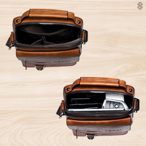 A tan crossbody bag with a flap front, zip pocket and wide adjustable strap on a wooden stump.