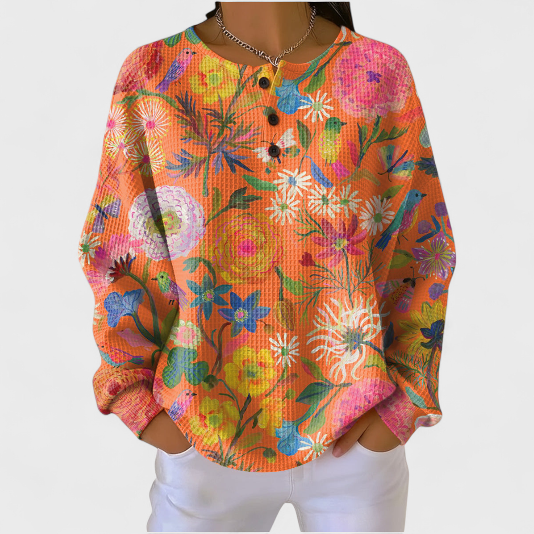 Quinn – Sweater with Blooms on Coral