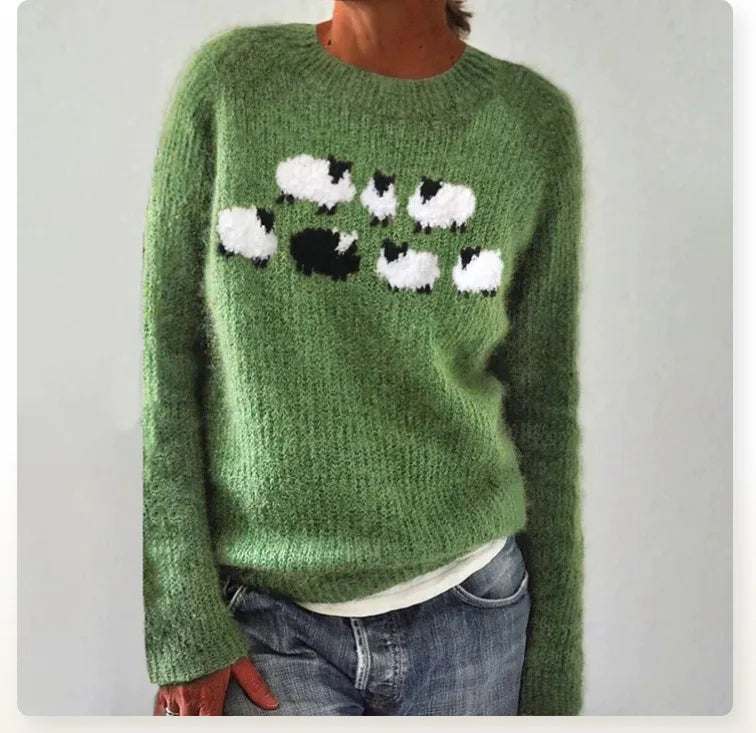 Freya – Sweater with Sheep in Green
