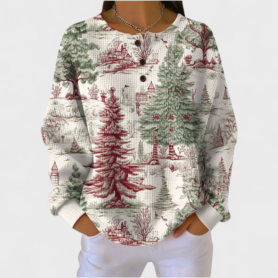 Sadie – Sweater with Winter Forest in Red