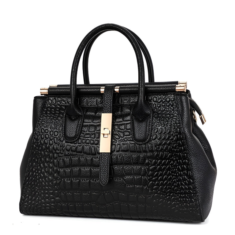 A woman carrying an elegant classic handbag on her arm as she heads out for the day.