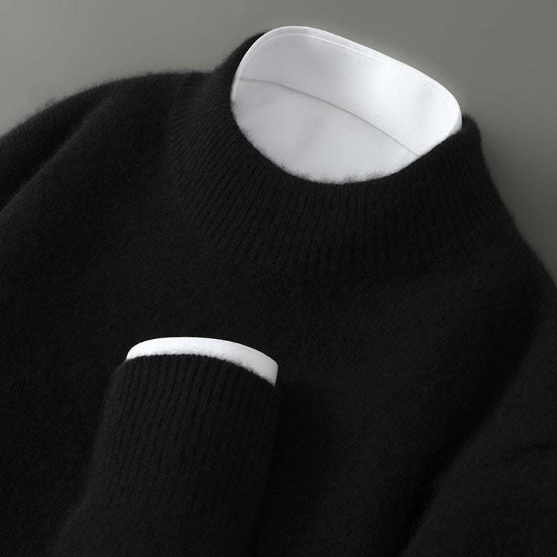 A woman wearing a soft luxe crew neck sweater with a matte finish, styled with smart pants.