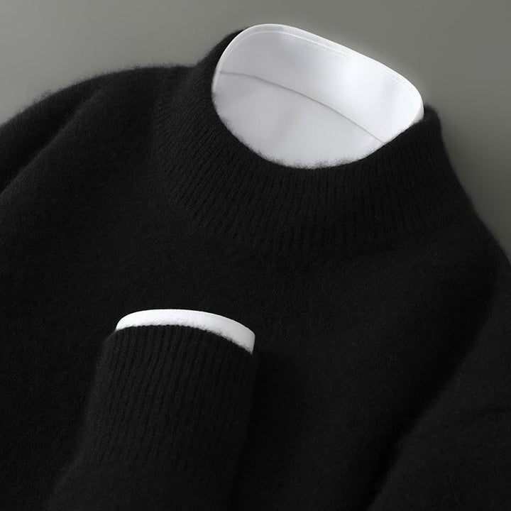 A woman wearing a soft luxe crew neck sweater with a matte finish, styled with smart pants.