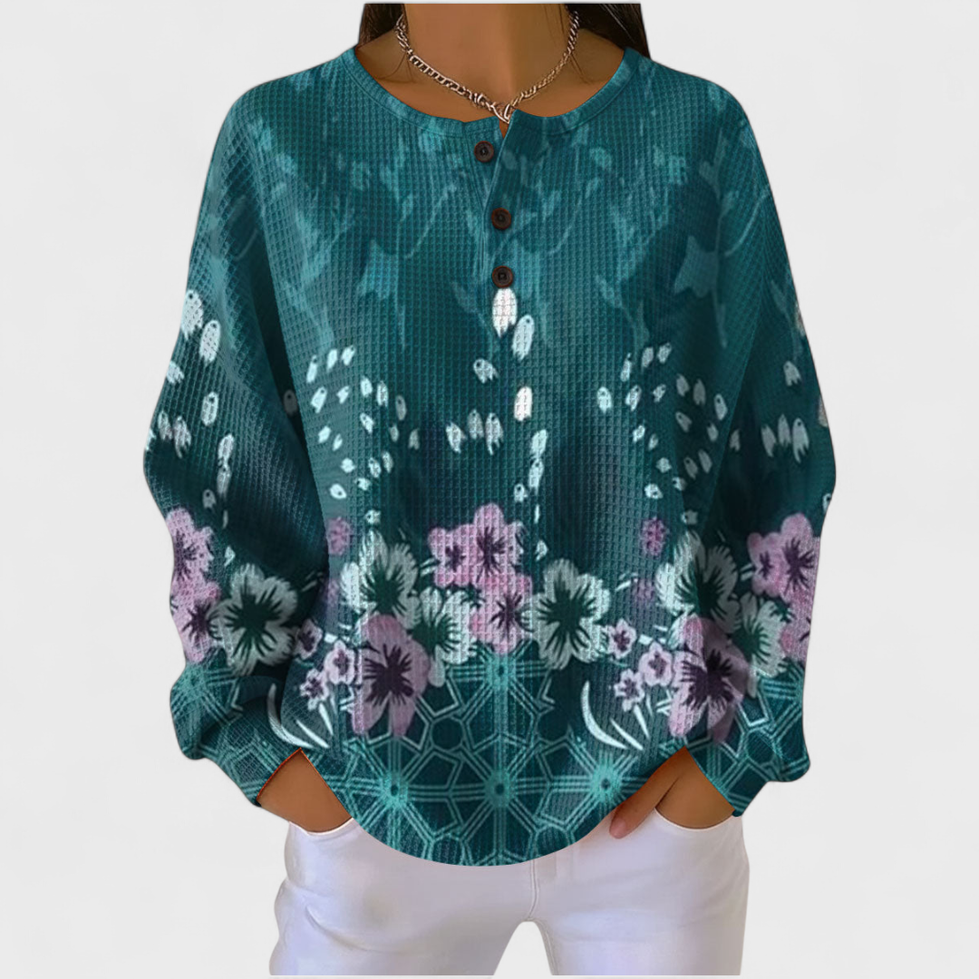 Jeanie – Sweater with Blooms on Teal