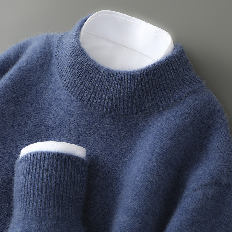 A woman wearing a soft luxe crew neck sweater with a matte finish, styled with smart pants.