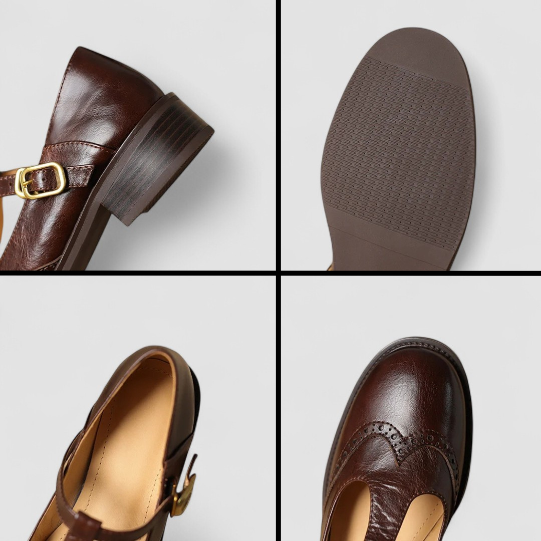 A woman in beige T-strap Mary Jane shoes, comfortable and balanced on a busy day.