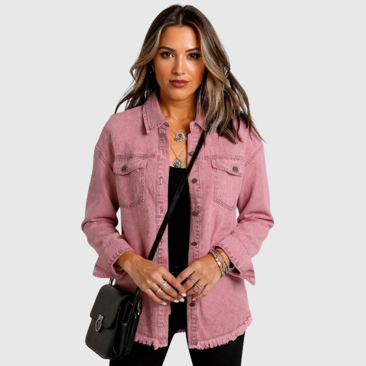 A woman wearing a relaxed casual jacket during an evening walk