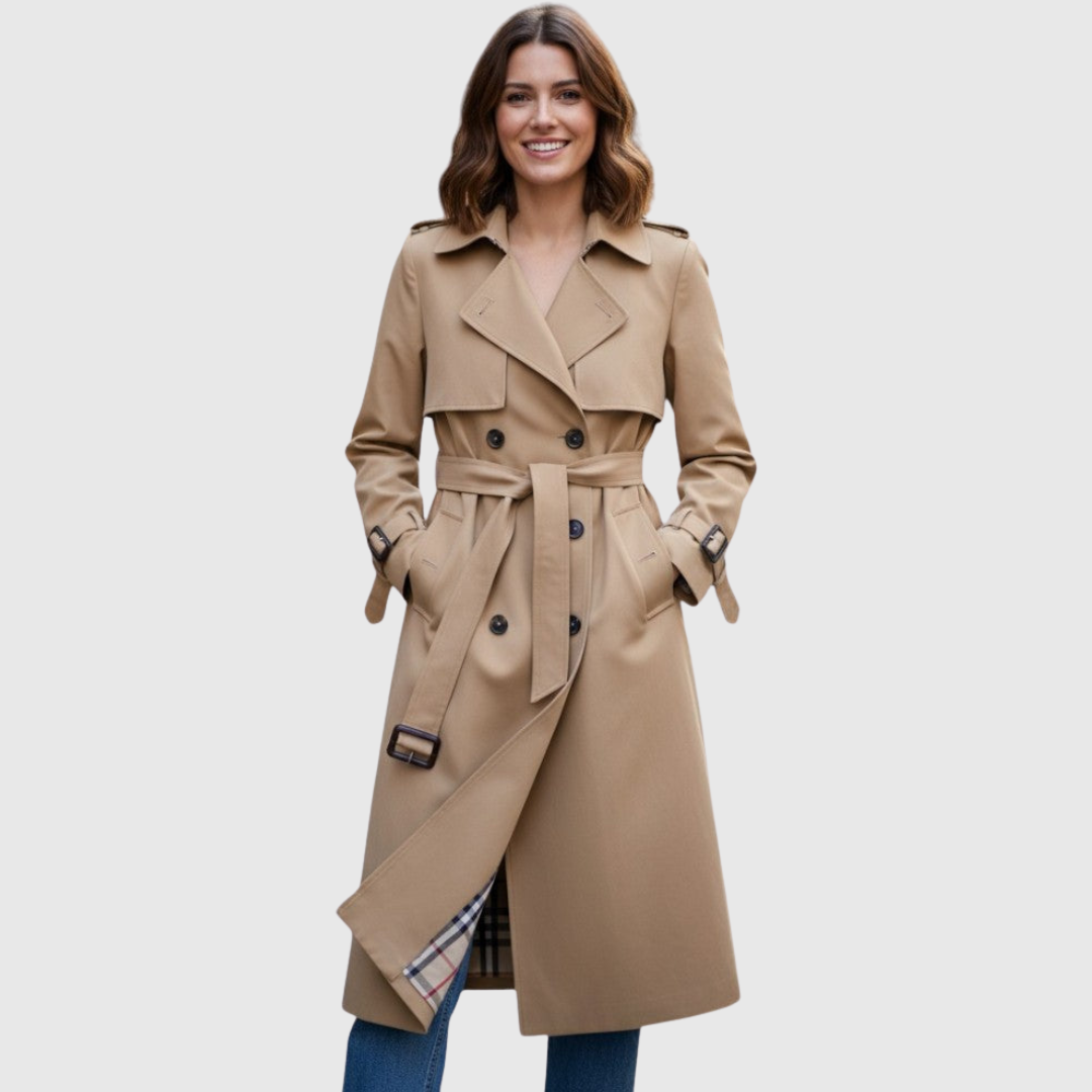 A woman wearing a belted classic trench coat with a defined waist, walking through the city.