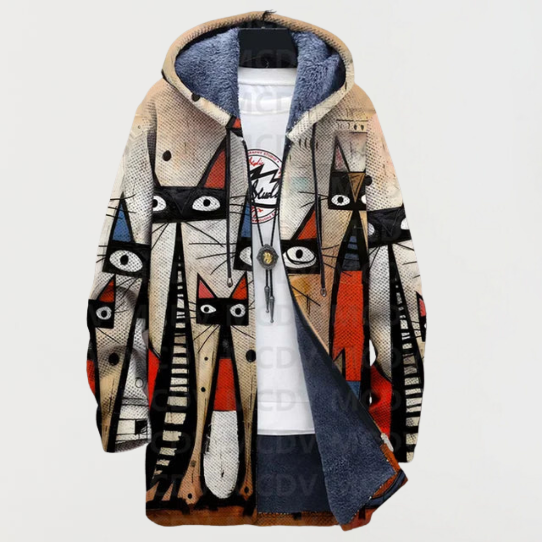 Women's hooded jacket with black and white cat collage