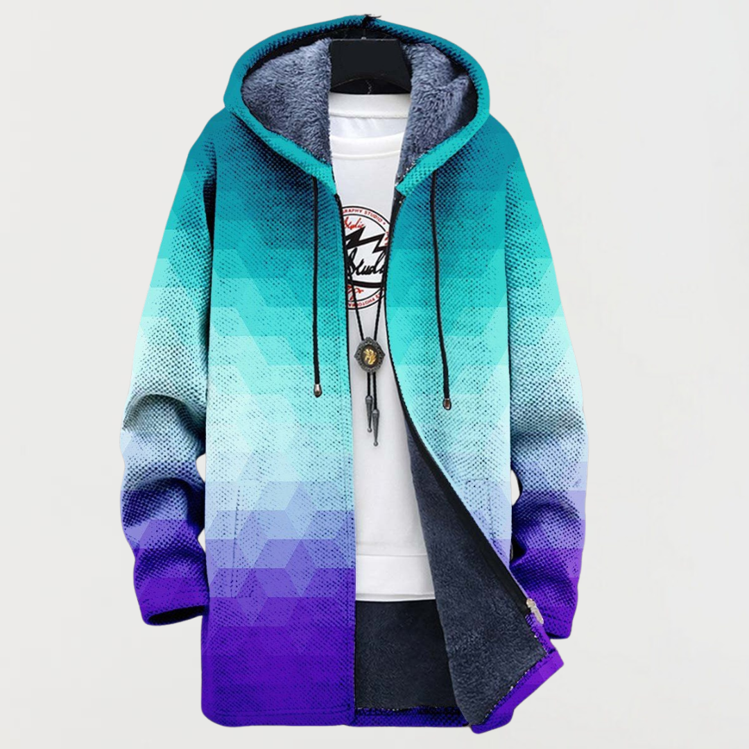 Women's hooded jacket with colour fade from violet to turquoise
