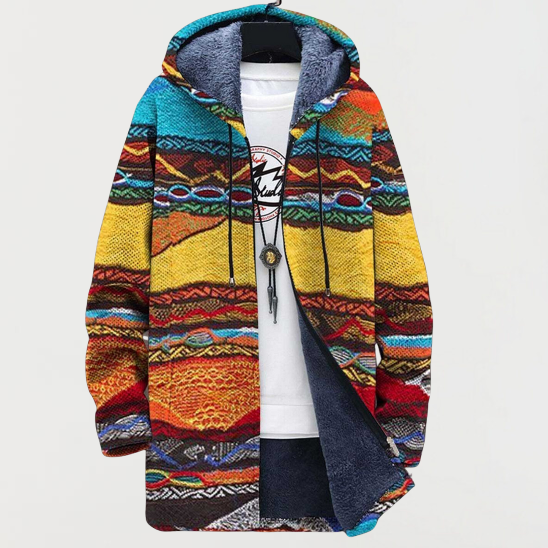 Women's hooded jacket with warm stripes in yellow and orange