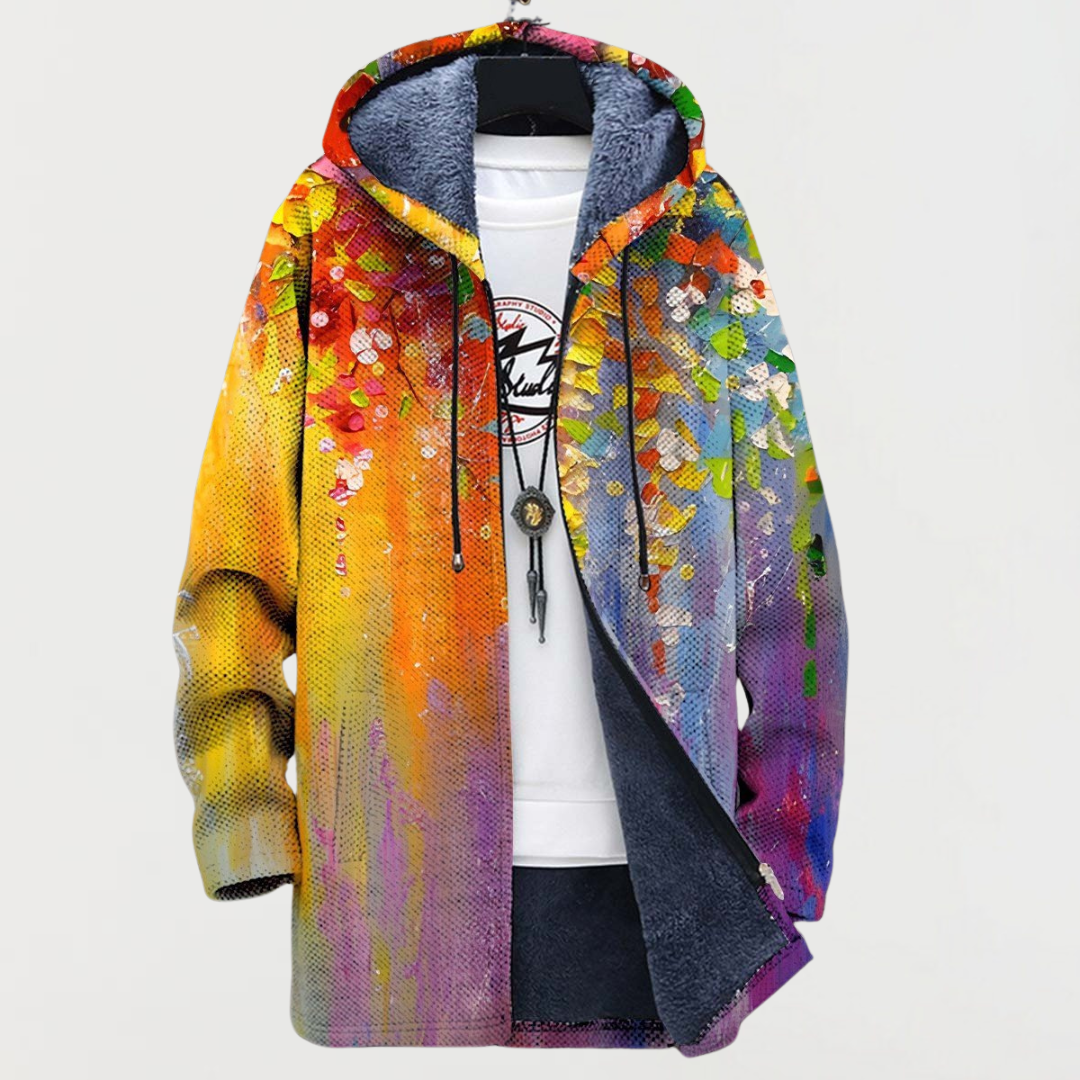 Women's hooded jacket with paint splashes in yellow and pink