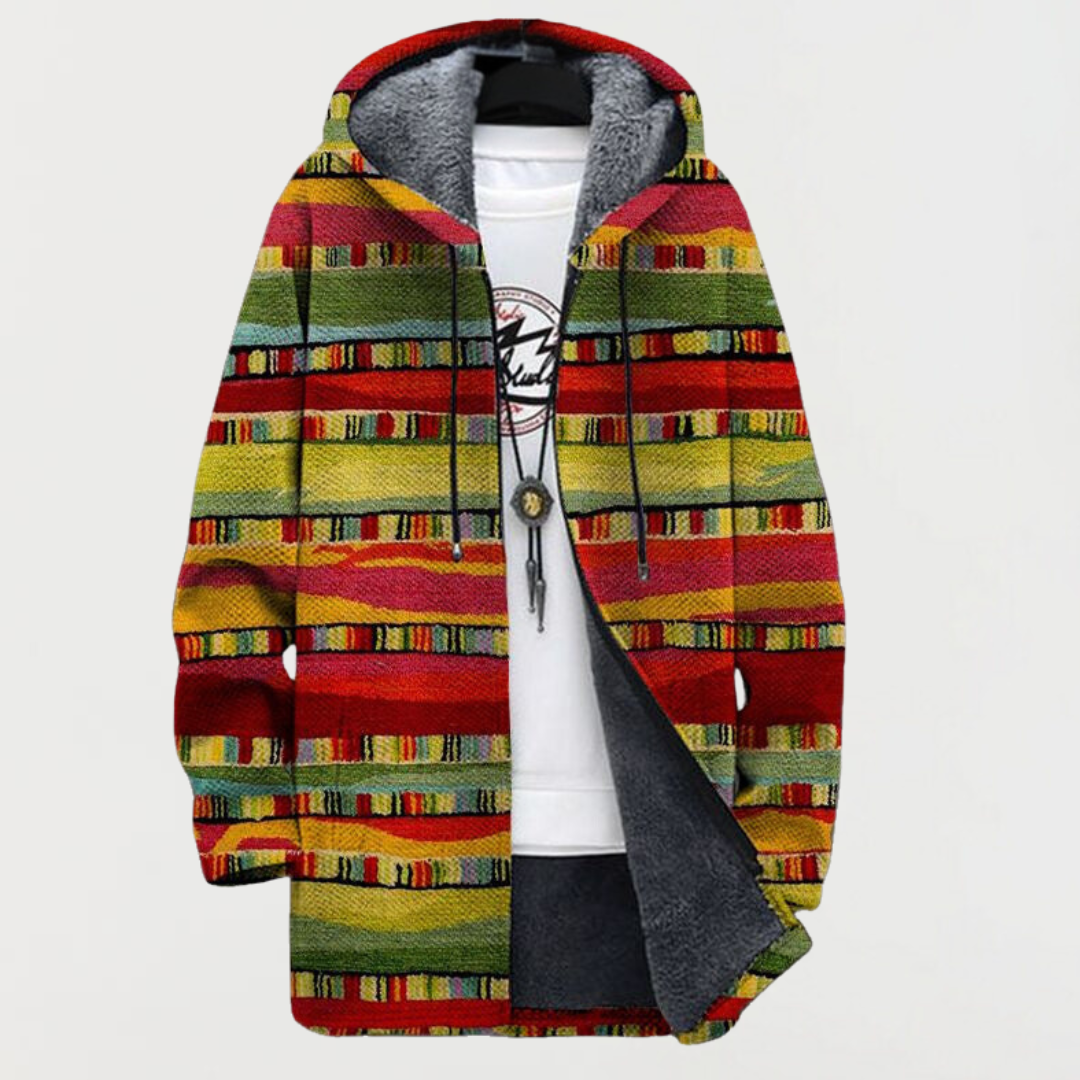 Women's hooded jacket with folk stripes in red and green