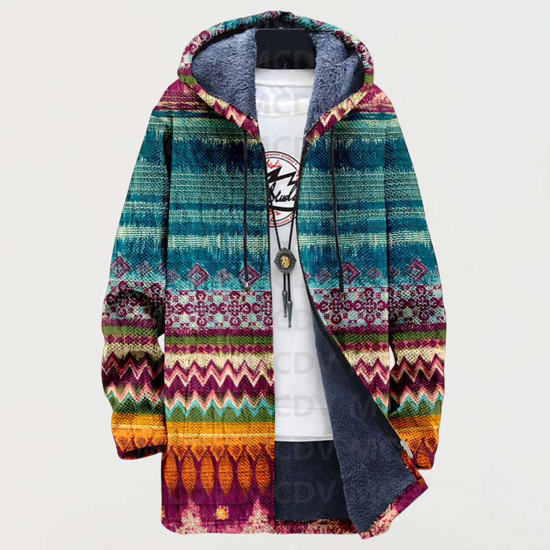 Women's hooded jacket with colourful folk pattern