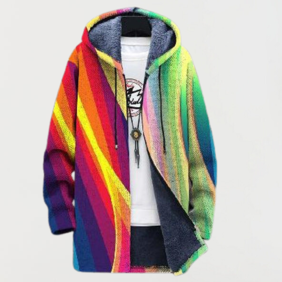 Women's hooded jacket with bright rainbow stripes