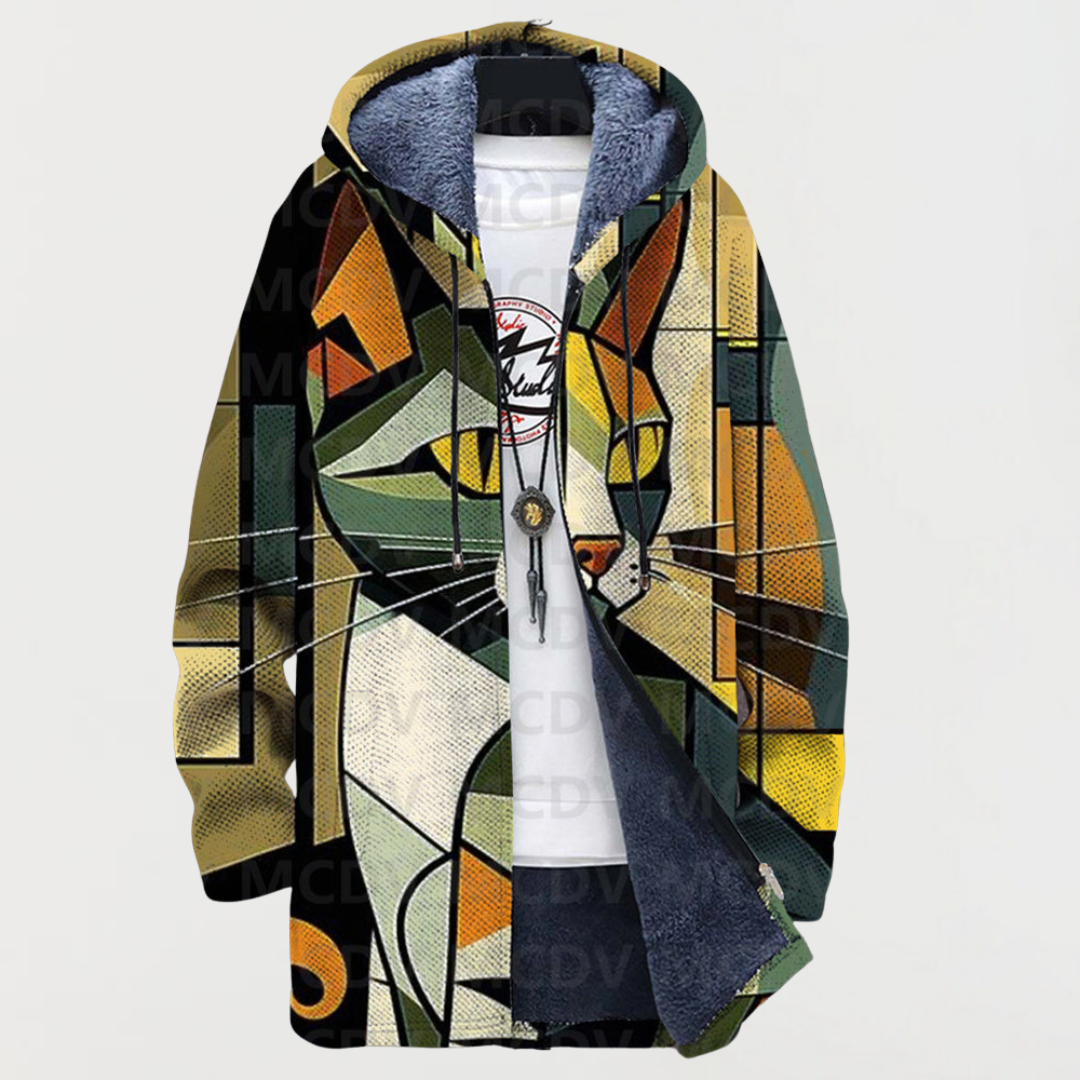 Women's hooded jacket with cat face in olive and mustard