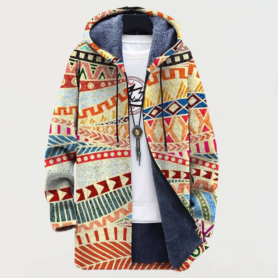 Women's hooded jacket with folk pattern in red and blue