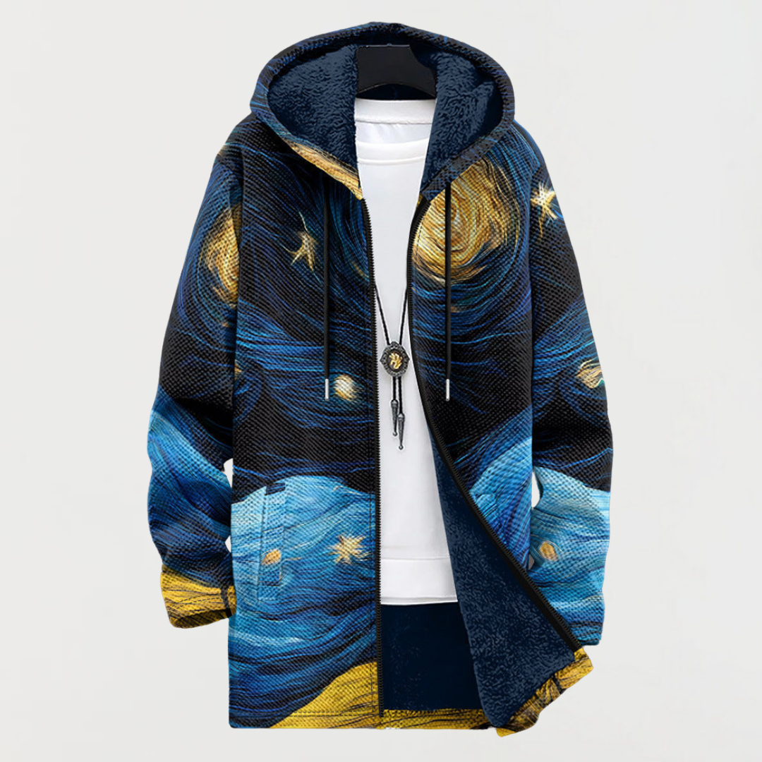 Women's hooded jacket with starry sky print in blue and gold