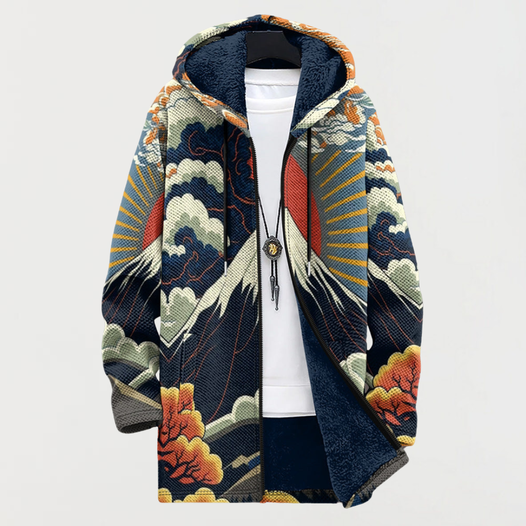 Women's hooded jacket with mountain motif and rising sun