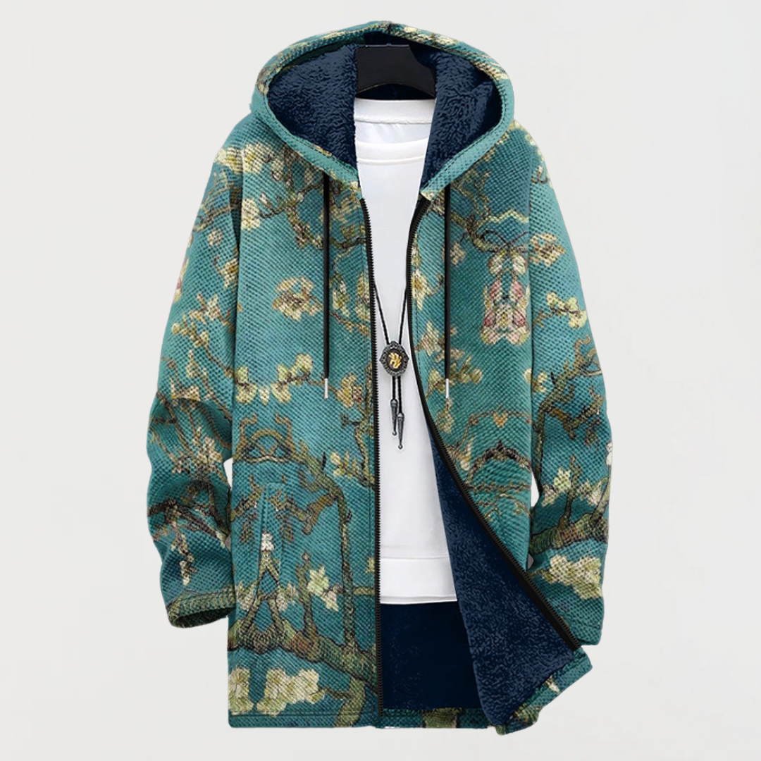 Women's teal hooded jacket with golden blossom branches