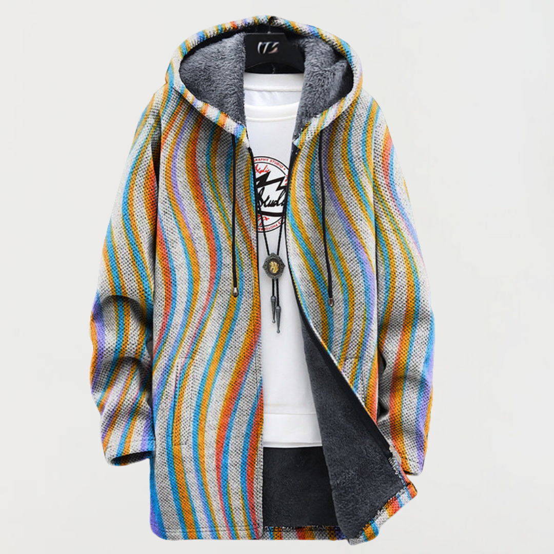 Women's hooded jacket with wavy stripes in blue and orange