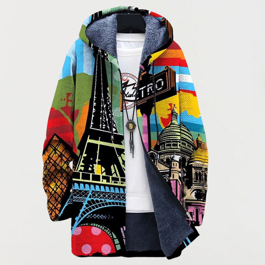 Women's hooded jacket with city collage and Eiffel Tower