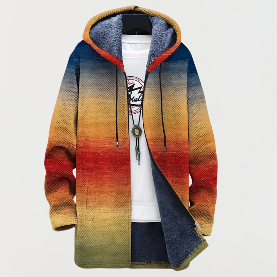 Women's hooded jacket in a fade from blue through orange to red