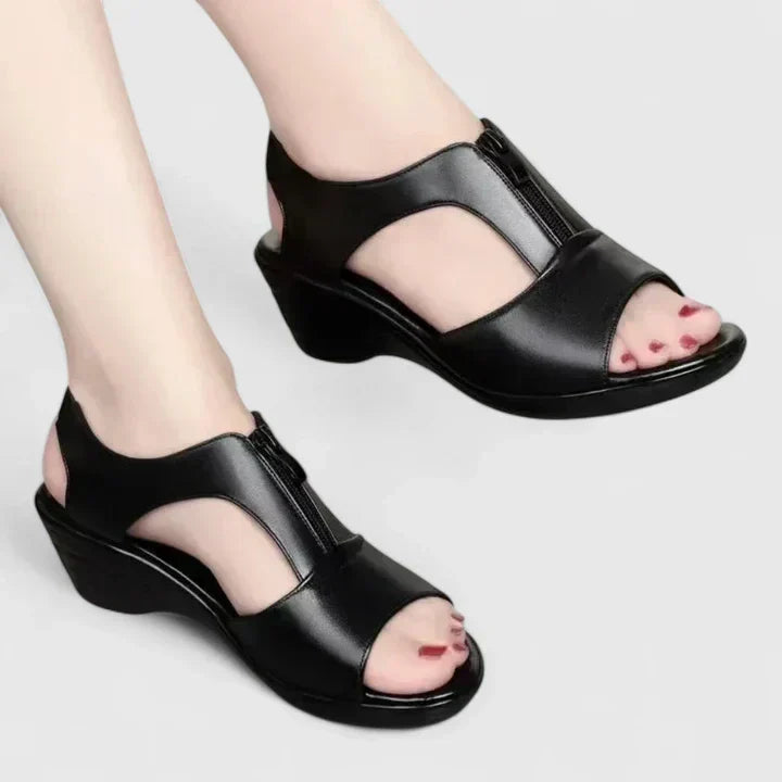 Black peep-toe sandals with a buckled instep strap and a sturdy block heel.