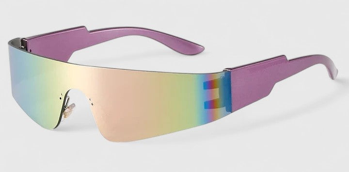 A pair of rimless wraparound sunglasses with a curved mirrored lens and flat black arms.