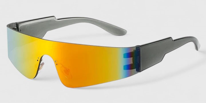 A pair of rimless wraparound sunglasses with a curved mirrored lens and flat black arms.