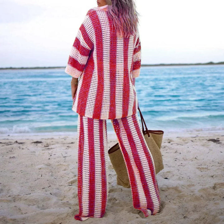 A woman wearing a striped boho-style two-piece set