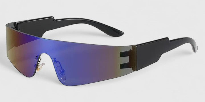 A pair of rimless wraparound sunglasses with a curved mirrored lens and flat black arms.