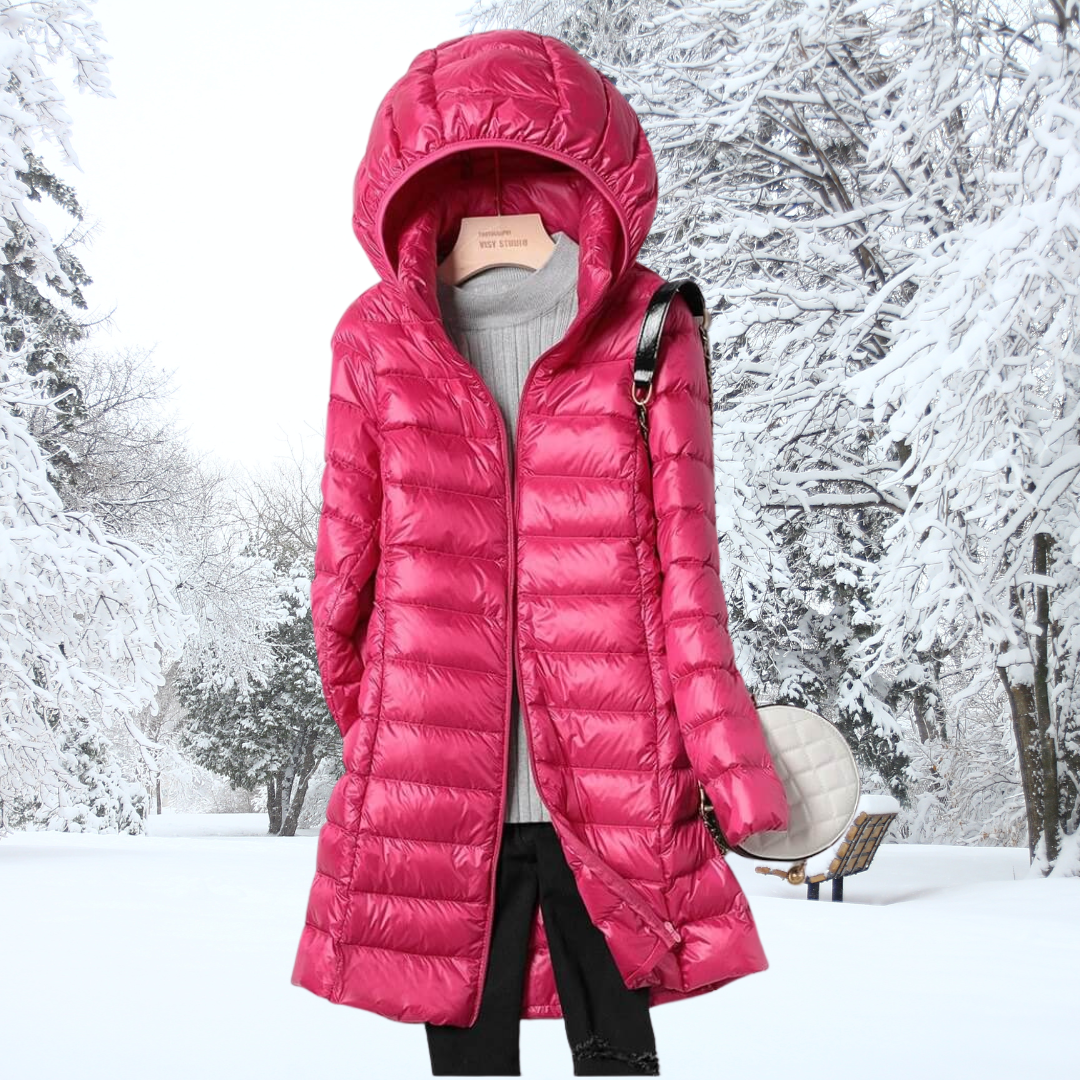 A rail of ultra-light padded hooded coats in pink, red, khaki and black, knee-skimming in length.