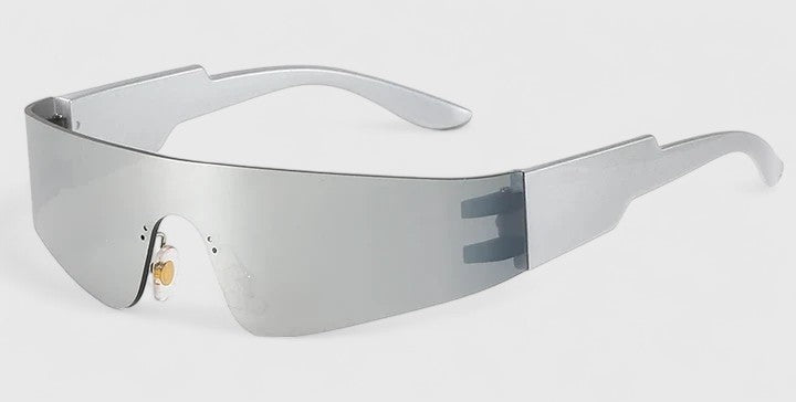 A pair of rimless wraparound sunglasses with a curved mirrored lens and flat black arms.
