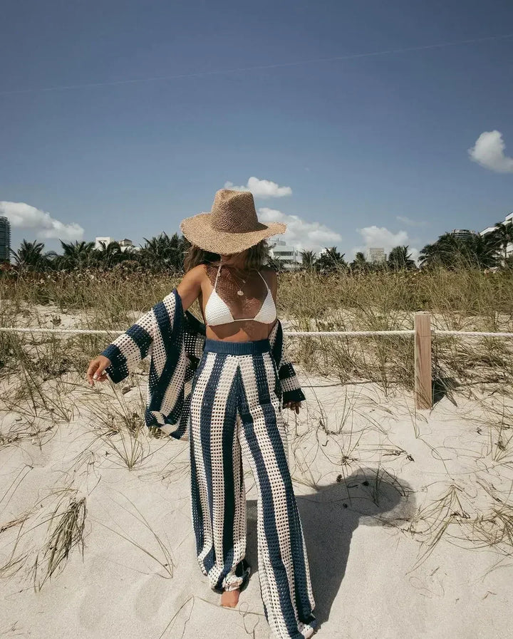 A woman wearing a striped boho-style two-piece set