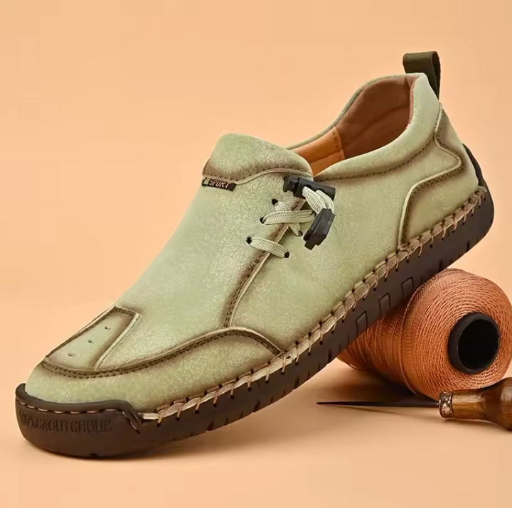 A woman walking smoothly in soft, supportive therapeutic walking shoes.