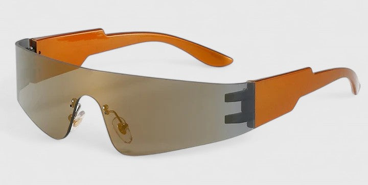 A pair of rimless wraparound sunglasses with a curved mirrored lens and flat black arms.