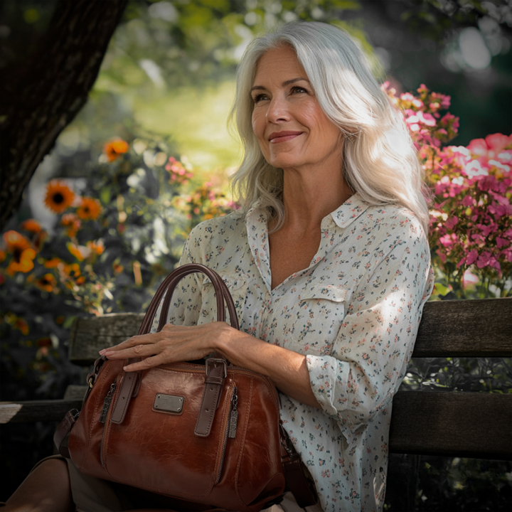 A woman carrying a structured luxury handbag on her arm as she walks through town.