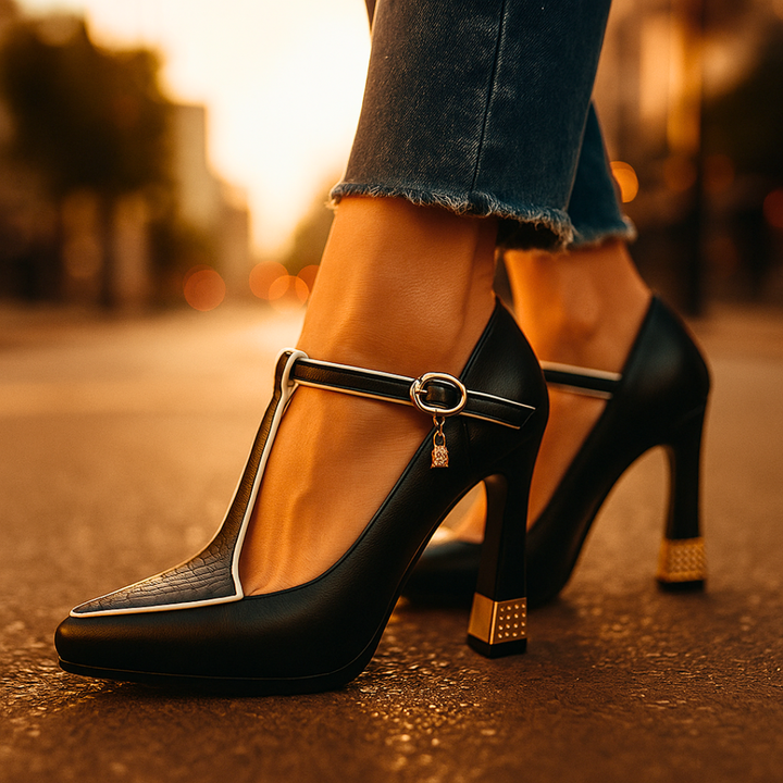 A woman in embellished T-strap block heels with sparkling detail at an evening celebration.