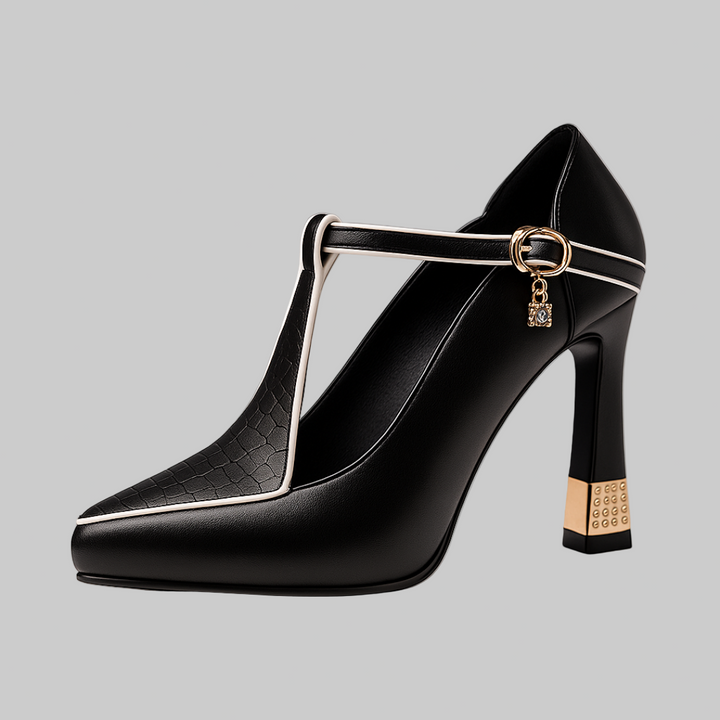 A woman in embellished T-strap block heels with sparkling detail at an evening celebration.