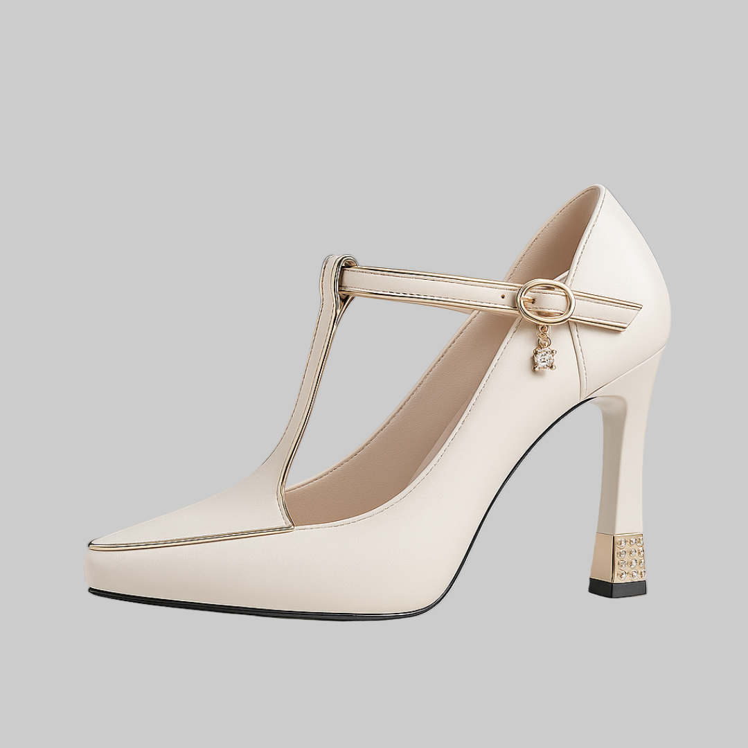 A woman in embellished T-strap block heels with sparkling detail at an evening celebration.