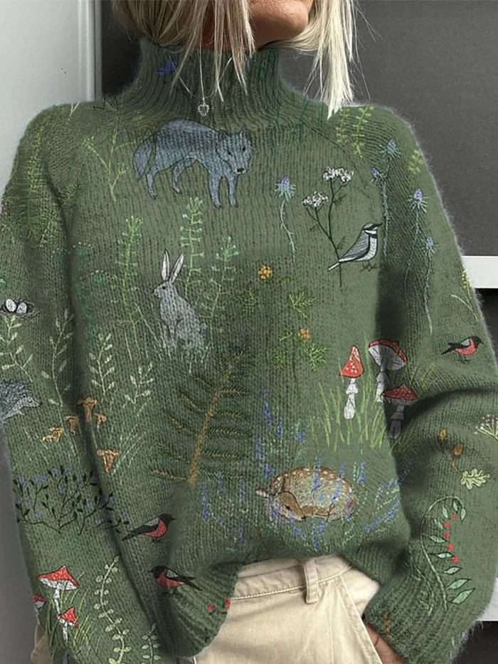 A woman in a green roll-neck sweater with a woodland print of animals, birds and toadstools.