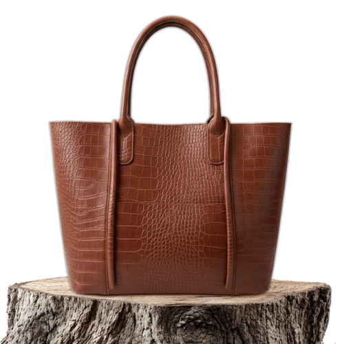 A woman carrying an elegant shoulder bag with a rich finish over one shoulder