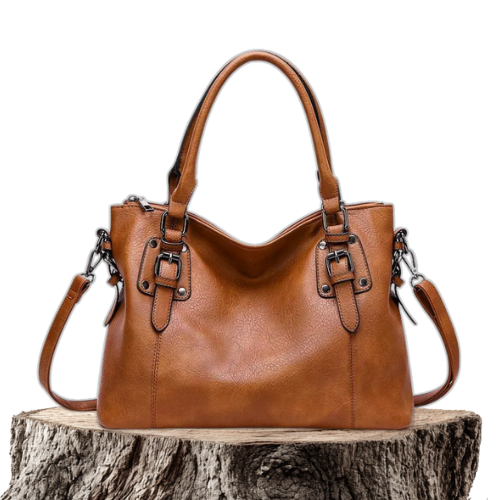 A woman carrying a soft slouchy shoulder bag with a rich finish on a relaxed day out