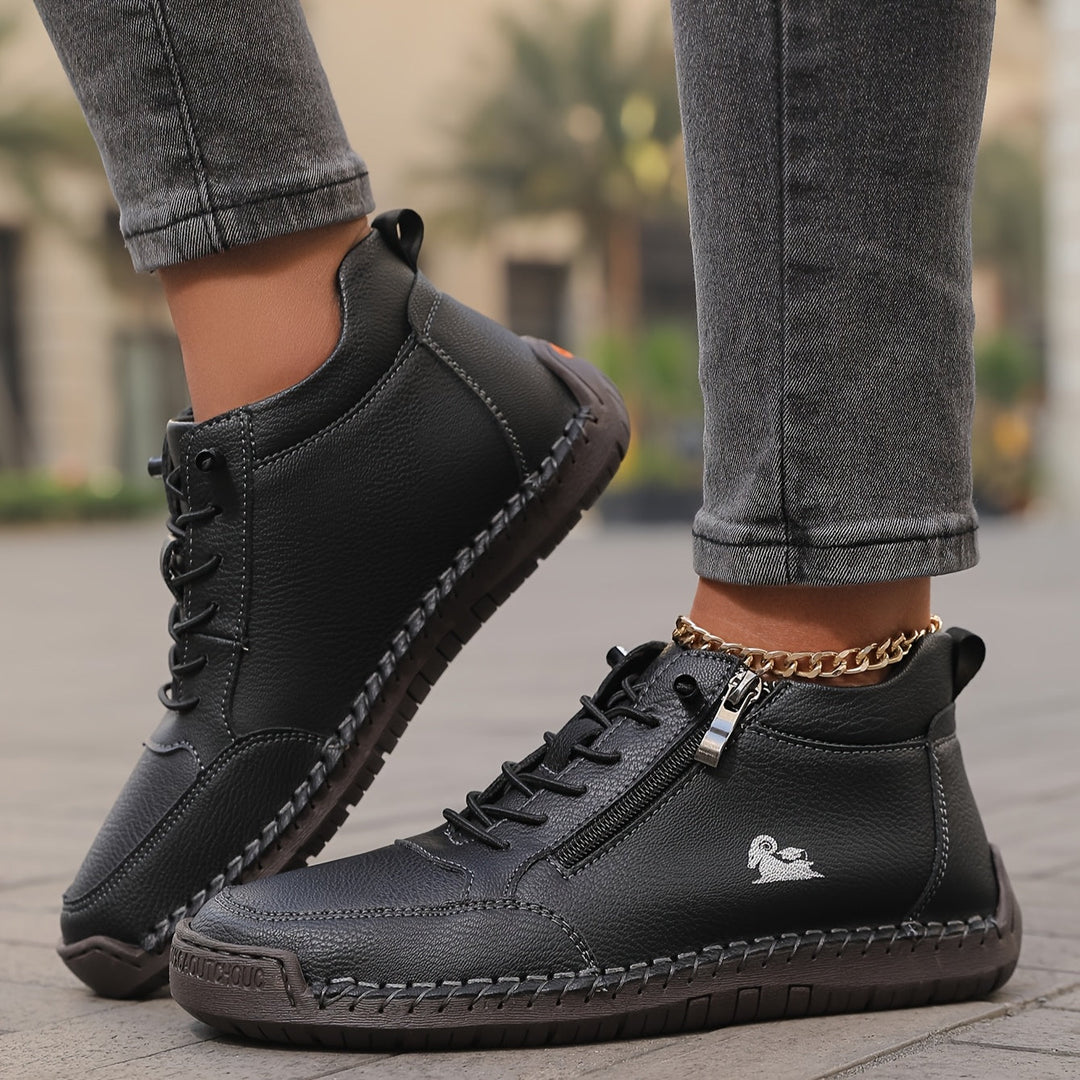 A woman standing comfortably in wide-fit therapeutic comfort shoes