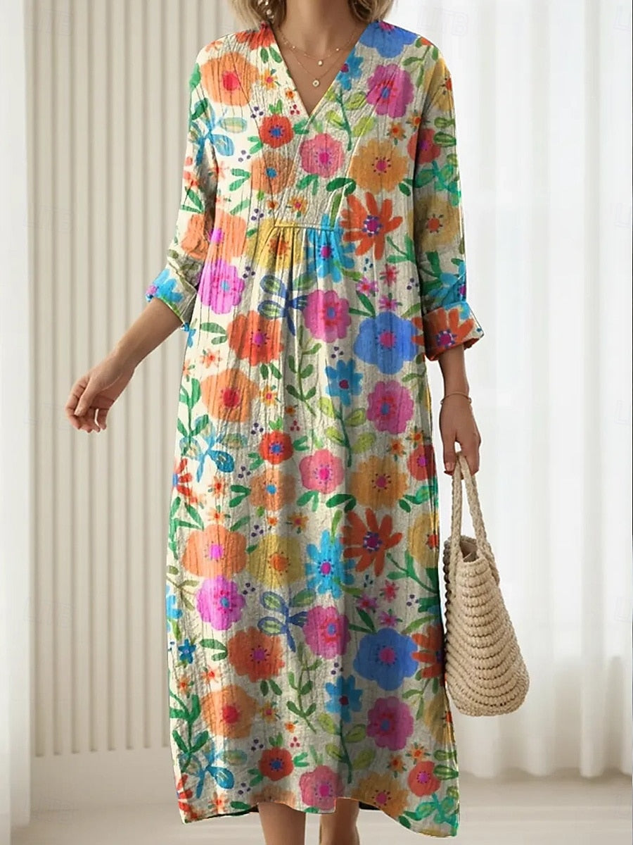 A woman wearing a soft, light everyday dress, relaxed and elegant on a normal day.