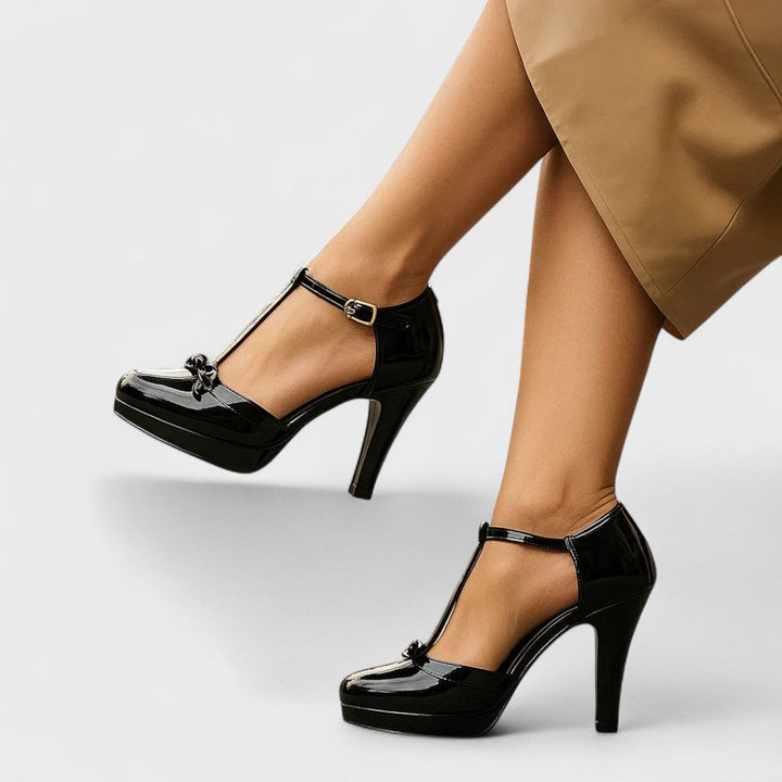 A woman in cushioned elegant heels moving from the office to evening plans.
