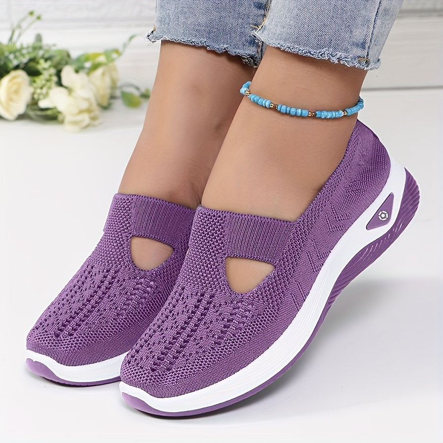 A woman stepping into easy slip-on comfort sneakers with no laces.