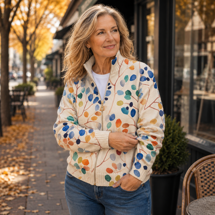 Women's cream cardigan with colourful watercolour leaves