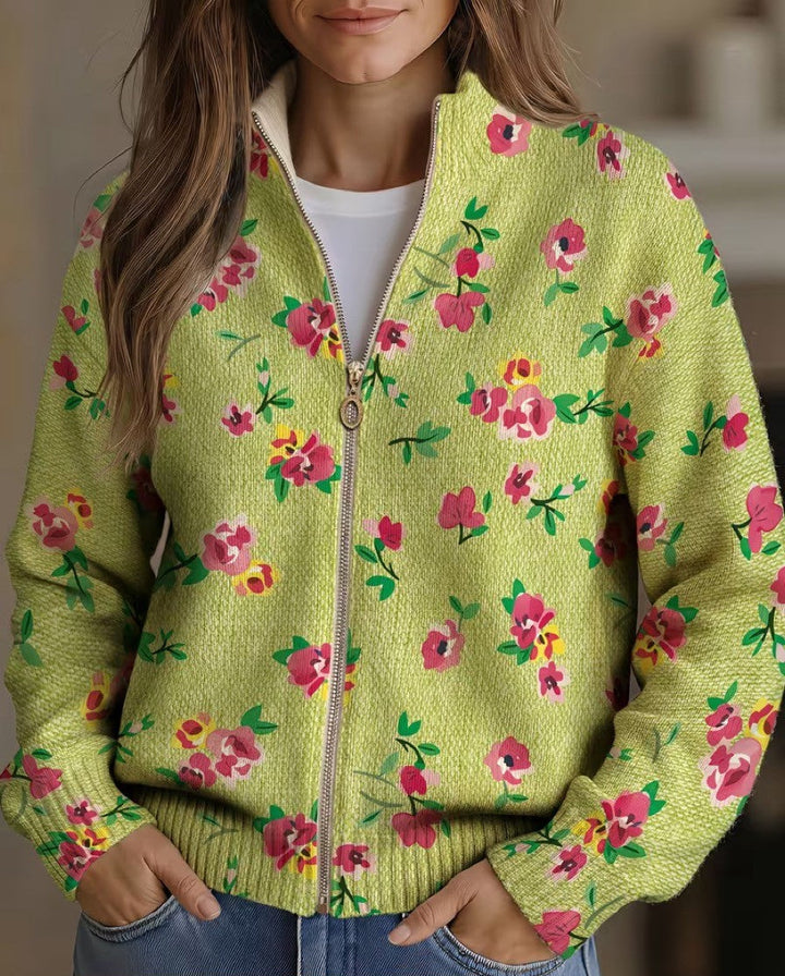 Women's lime green cardigan with small pink blooms
